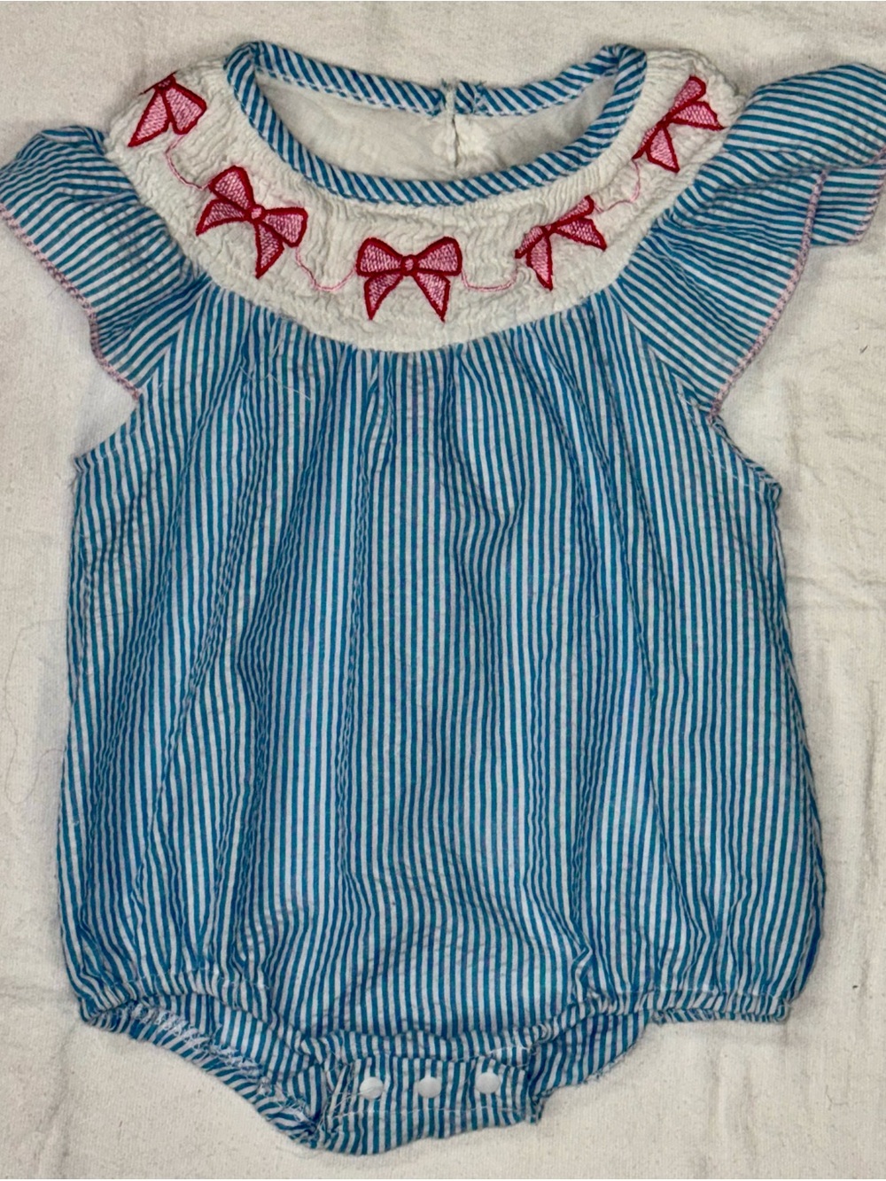 Baby Girls Blue Striped Bubble Romper with Red Bow Embroidery